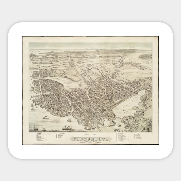 Vintage Pictorial Map of Portsmouth NH (1877) Sticker by Bravuramedia